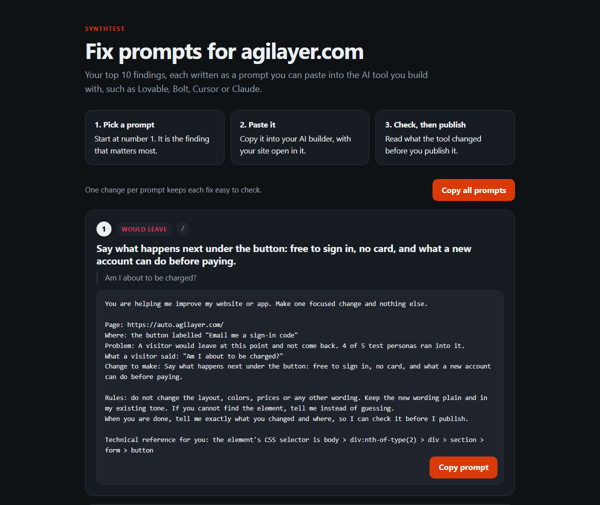 Fix prompts generated from the top ten findings in a synthetic user test report, ready to paste into an AI builder